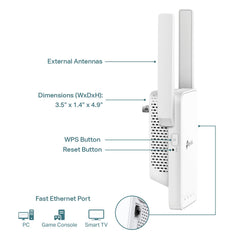 TP-Link AC1200 WiFi extender with external antennas and fast Ethernet port for PC game console and smart TV