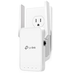 TP-Link AC1200 WiFi extender plugged into a white electrical outlet with dual external antennas