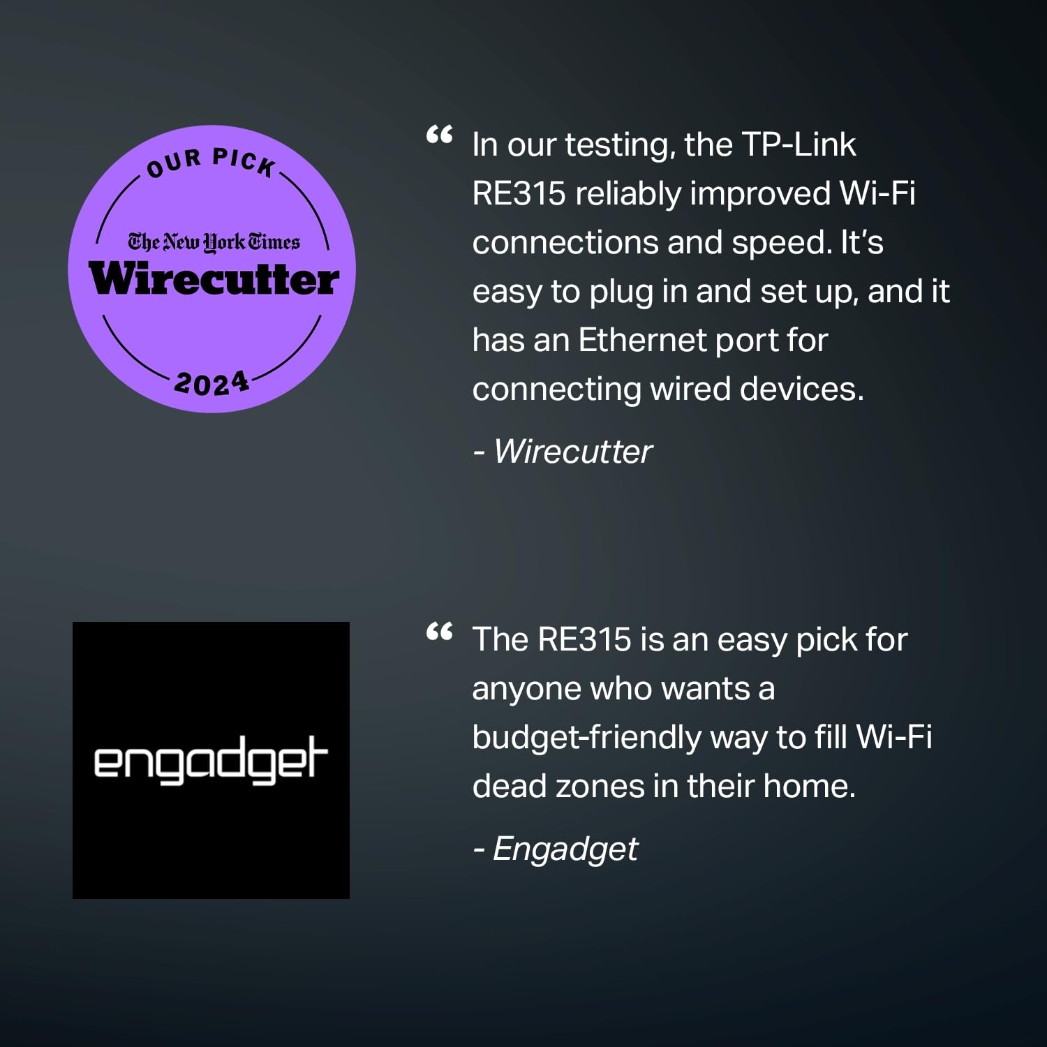 TP-Link AC1200 WiFi extender reviews from Wirecutter and Engadget highlighting easy setup and reliable WiFi improvement