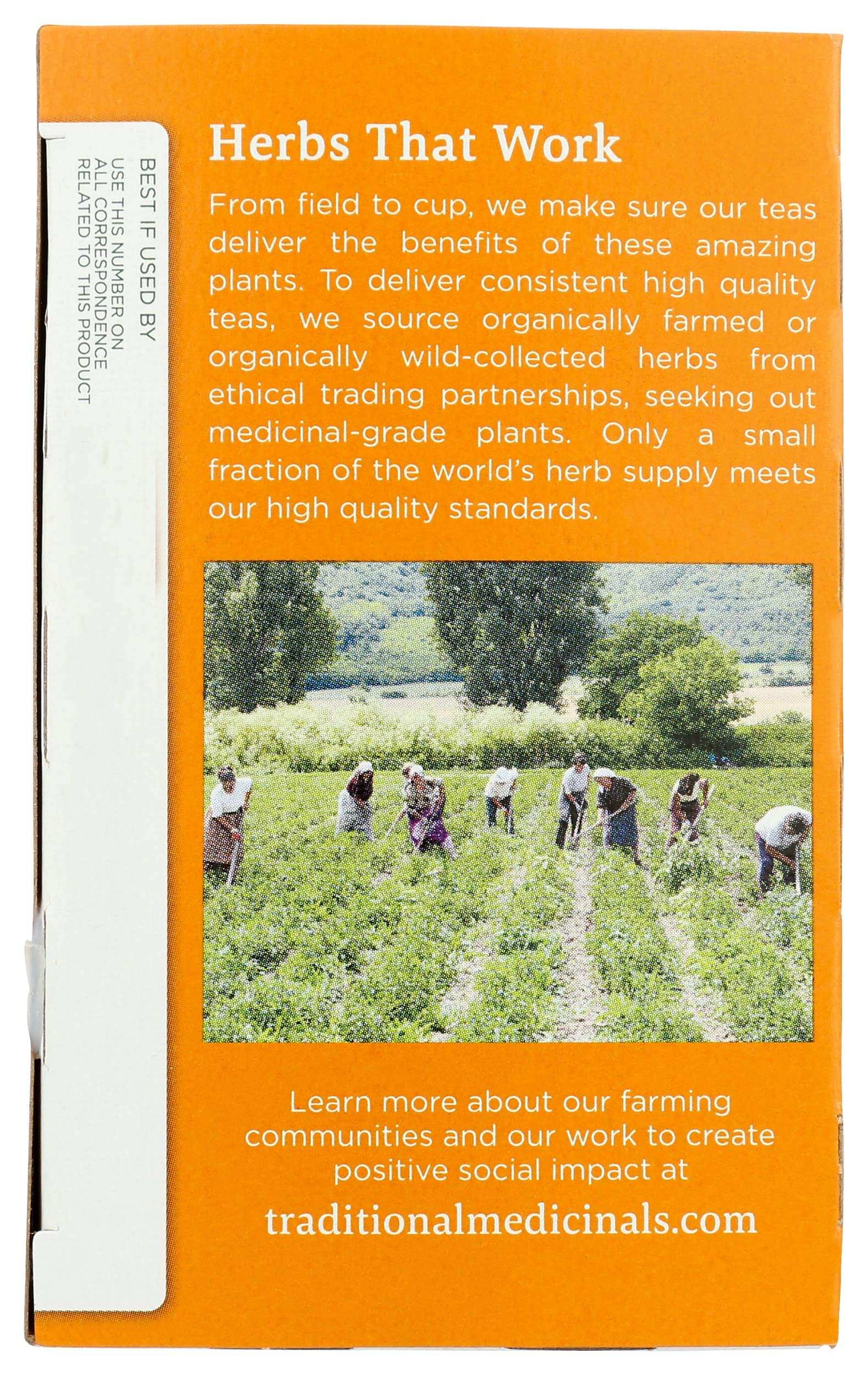 Traditional Medicinals orange tea box back showing Herbs That Work text and field photo showcasing herbal tea for bloating and gas