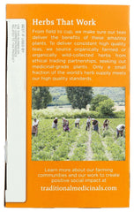 Traditional Medicinals orange tea box back showing Herbs That Work text and field photo showcasing herbal tea for bloating and gas