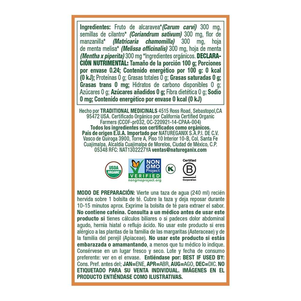 Traditional Medicinals organic tea box back label with ingredients and brewing instructions herbal tea for bloating and gas