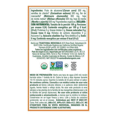 Traditional Medicinals organic tea box back label with ingredients and brewing instructions herbal tea for bloating and gas