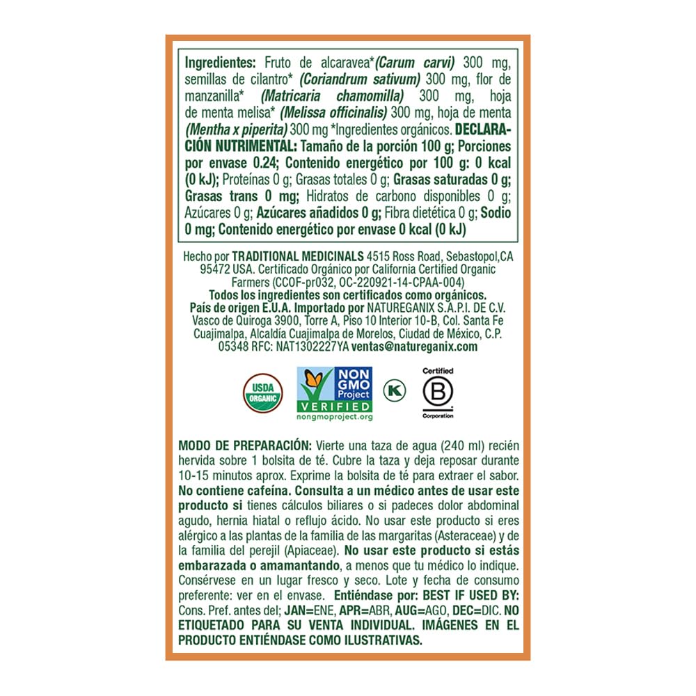 Traditional Medicinals organic tea box back label with ingredients and brewing instructions herbal tea for bloating and gas