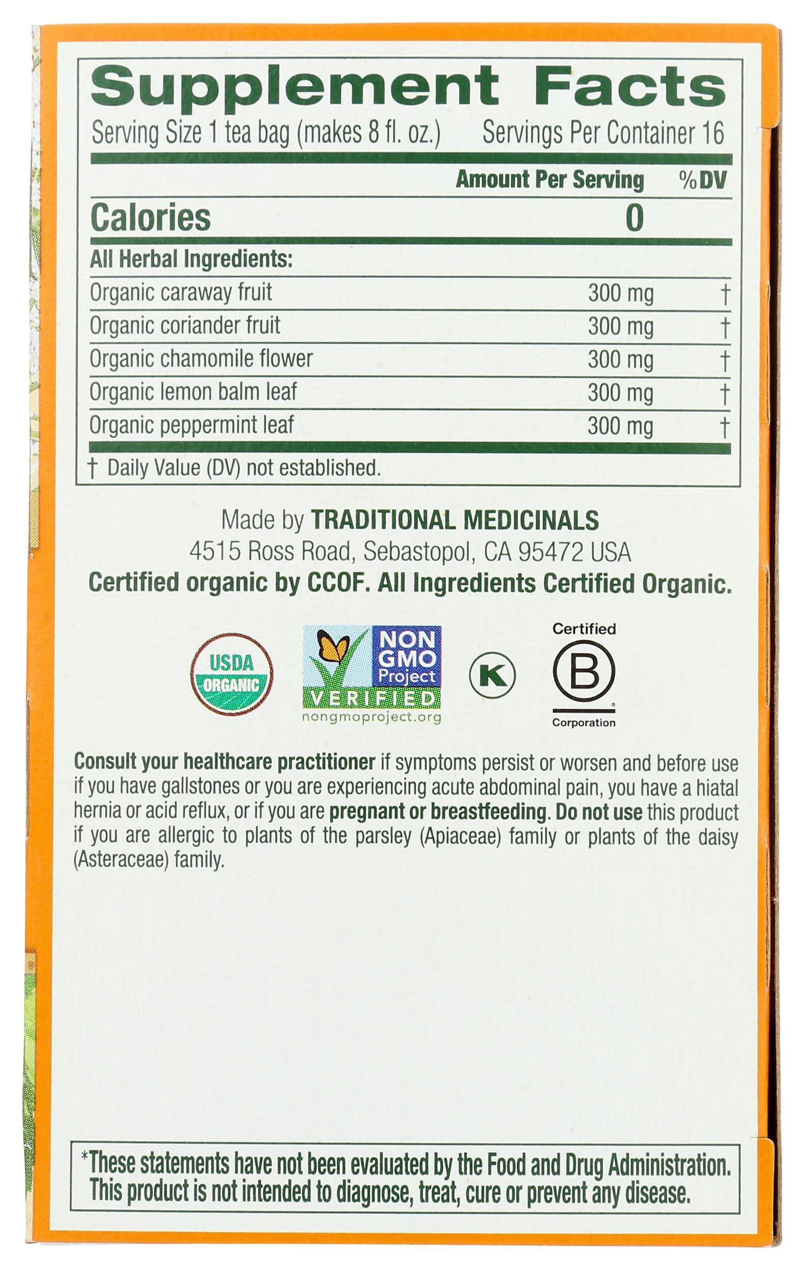 Traditional Medicinals supplement facts and ingredients list for organic herbal tea for bloating and gas