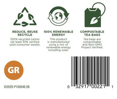 Traditional Medicinals box icons showing compostable tea bags recycle renewable energy barcode herbal tea for bloating and gas