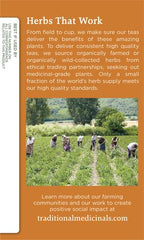 Traditional Medicinals box back panel with Herbs That Work text and farmers in a herb field photo herbal tea for bloating and gas