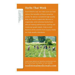 Traditional Medicinals tea box back with farmers photo and sourcing text promoting herbal tea for bloating and gas