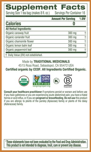 Traditional Medicinals supplement facts label listing organic herbs and certifications herbal tea for bloating and gas