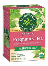 Organic pregnancy tea box with raspberry leaf illustration and caffeine-free label
