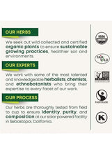 Tea packaging info panel with USDA organic, Fair Trade, and other certification icons