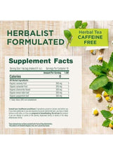 Tea supplement facts panel with herbal ingredients chart and green leaf accents