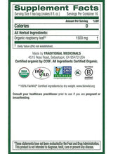 Herbal tea supplement facts panel listing organic raspberry leaf ingredient