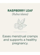 Raspberry leaf herbal tea label with Rubus idaeus, eases menstrual cramps and pregnancy