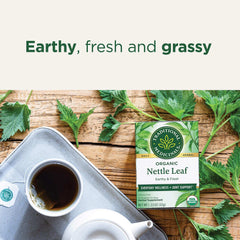 Traditional Medicinals nettle tea UAE Organic Nettle Leaf box with cup and fresh nettle leaves on wood