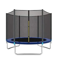 Round trampoline with dark mesh net panels and blue padded jumping mat