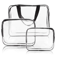 Stacked clear PVC pouches with black zipper trim and top webbing handles, medium and small