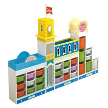 Multi-shelf toy storage rack with blue top, yellow roof, and colorful bin compartments