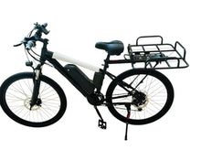 Electric bike with black-and-white frame and rear cargo rack, side view