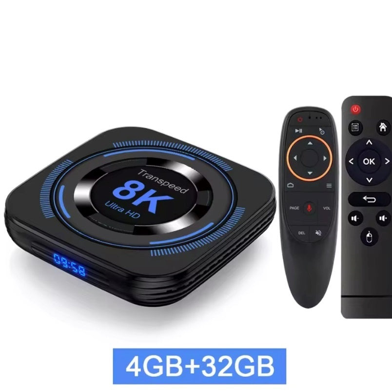 Transpeed Android 12 TV box 8K Ultra HD with 4GB RAM and 32GB storage with two black remotes