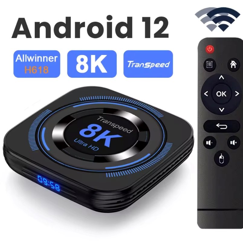 Transpeed Android 12 TV box with 8K Ultra HD display and wireless remote control