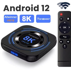 Transpeed Android 12 TV box with 8K Ultra HD display and wireless remote control