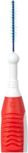 Interdental brush tip with blue bristles on a red ergonomic handle