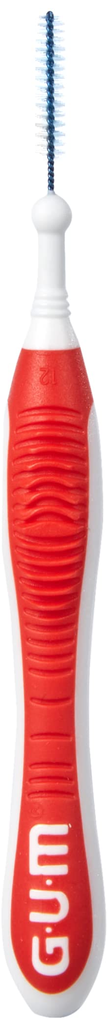 GUM interdental brush for plaque removal with ergonomic red and white handle and blue bristles