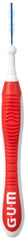 GUM interdental brush for plaque removal with ergonomic red and white handle and blue bristles