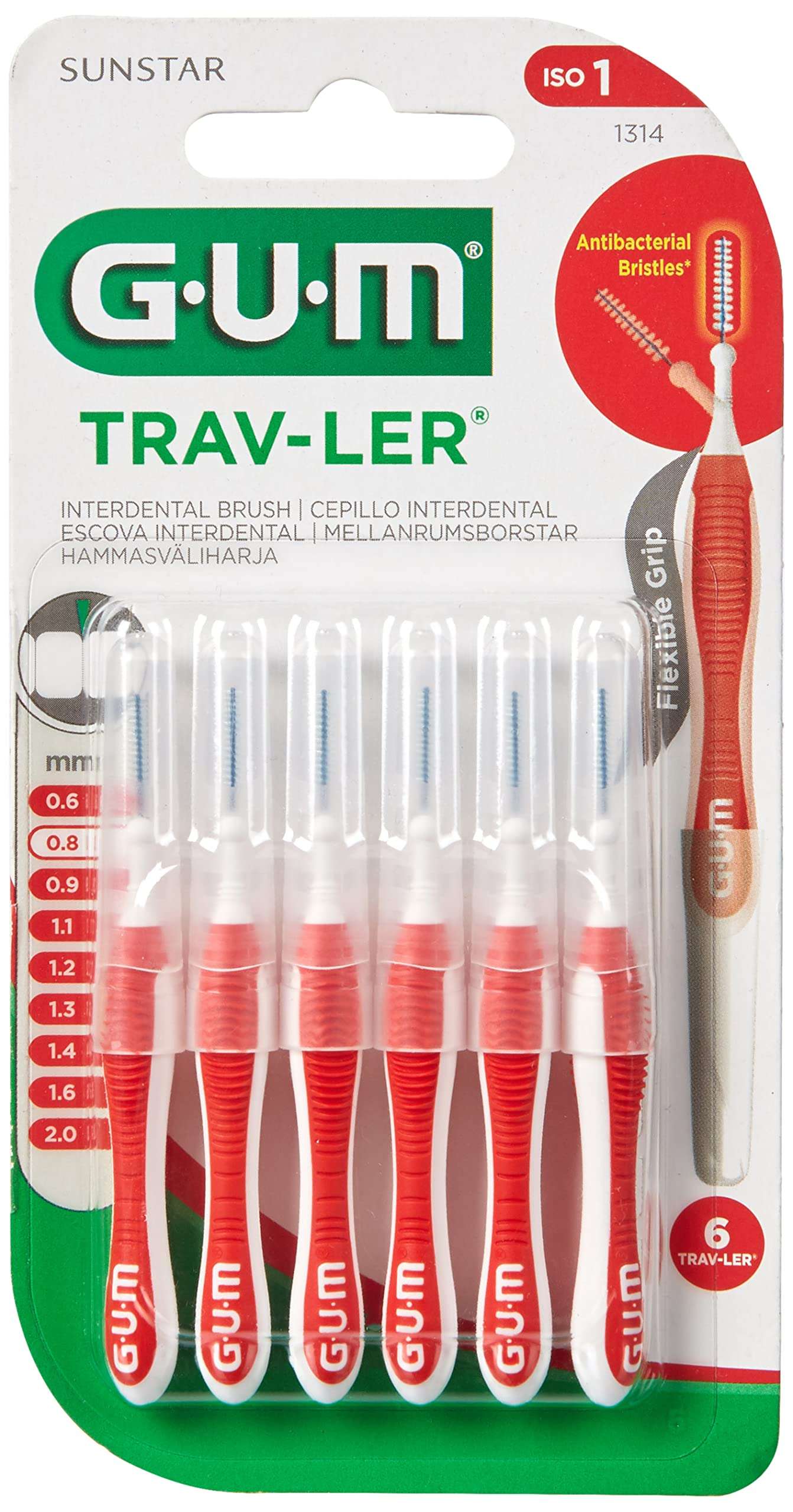 GUM Travler pack of six red interdental brushes with antibacterial bristles interdental brush for plaque removal