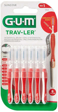 GUM Trav-Ler interdental brush set with red handles and blue bristle tips