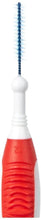 Interdental brush with red handle and blue bristle head, close-up