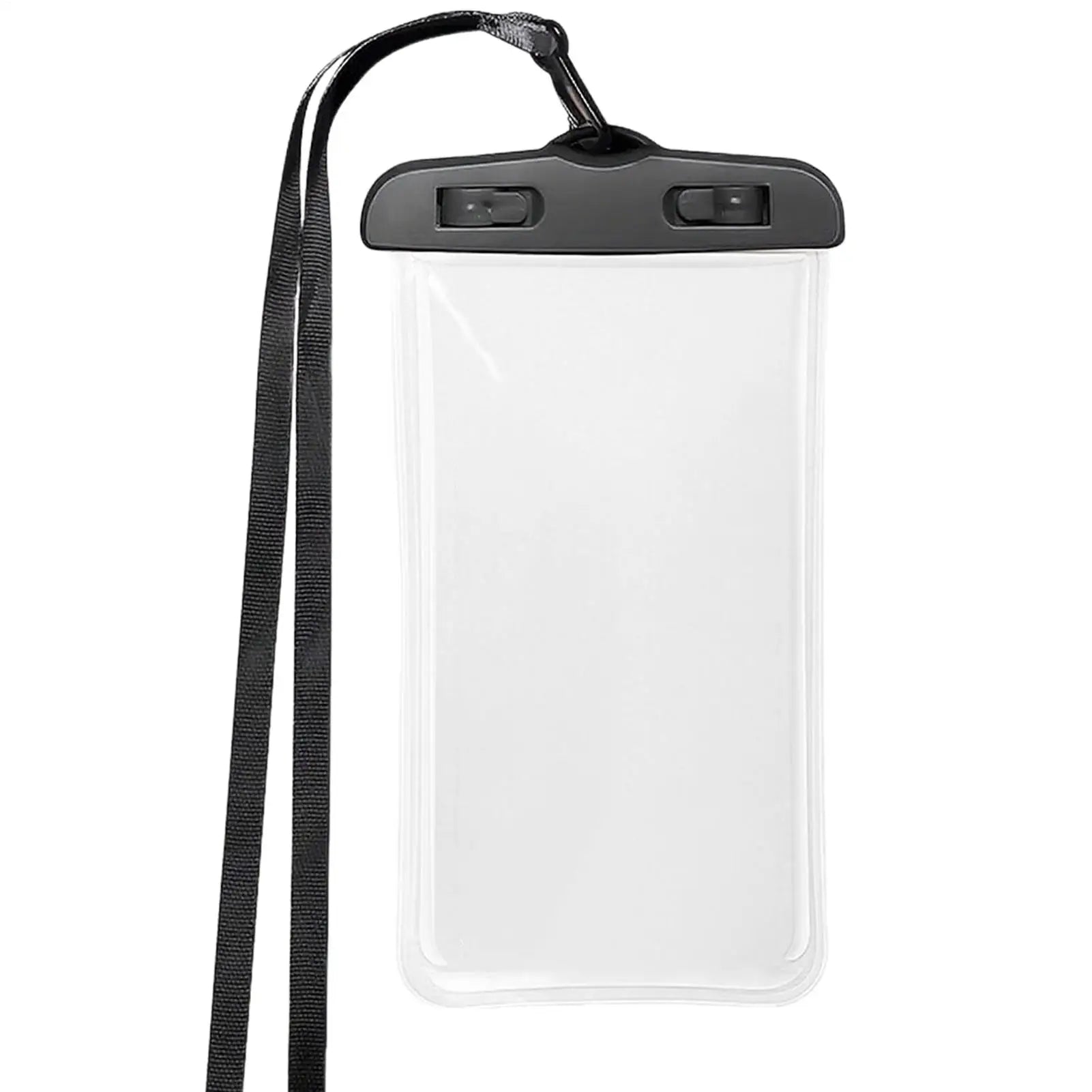 Transparent Mumzar waterproof phone pouch for travel with black locking clamp and adjustable lanyard