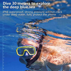 Mumzar waterproof phone pouch for travel protecting a phone while a snorkeler explores underwater at depth