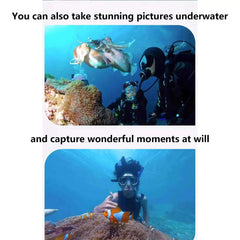 Mumzar waterproof phone pouch for travel shown with snorkeler taking underwater photos of coral and diver
