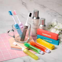 Goodern travel toothbrush kit with case showing colorful translucent toothbrush cases and brushes with toiletry bottles