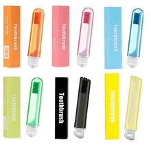 Folding travel toothbrush kit boxes and six toothbrush cases in orange, pink, blue, green, black