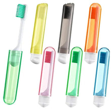 Six mini folding travel toothbrushes with colored cases and compact bristle heads