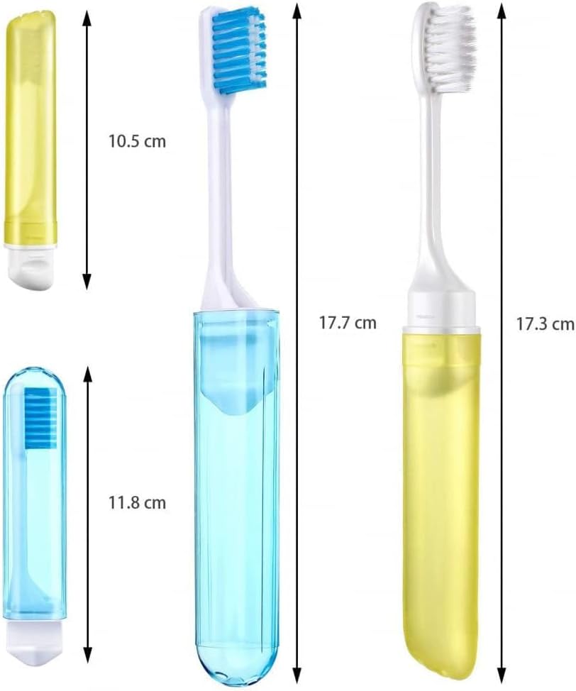 Goodern travel toothbrush kit with case showing two compact toothbrushes in blue and yellow protective tubes