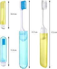 Folding travel toothbrush size diagram with height measurements for multiple colors