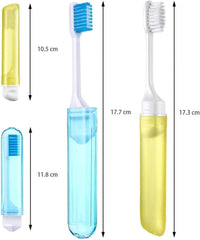 Goodern travel toothbrush kit with case showing two compact toothbrushes in blue and yellow protective tubes