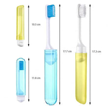Mini folding travel toothbrush dimensions with protective cases in yellow, blue, and white