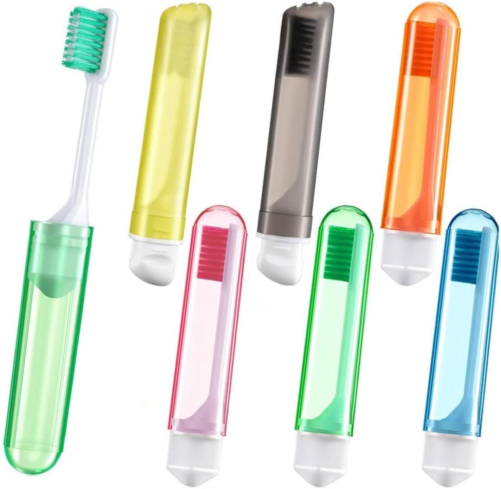 Goodern travel toothbrush kit with case showing assorted compact colorful toothbrushes with protective caps