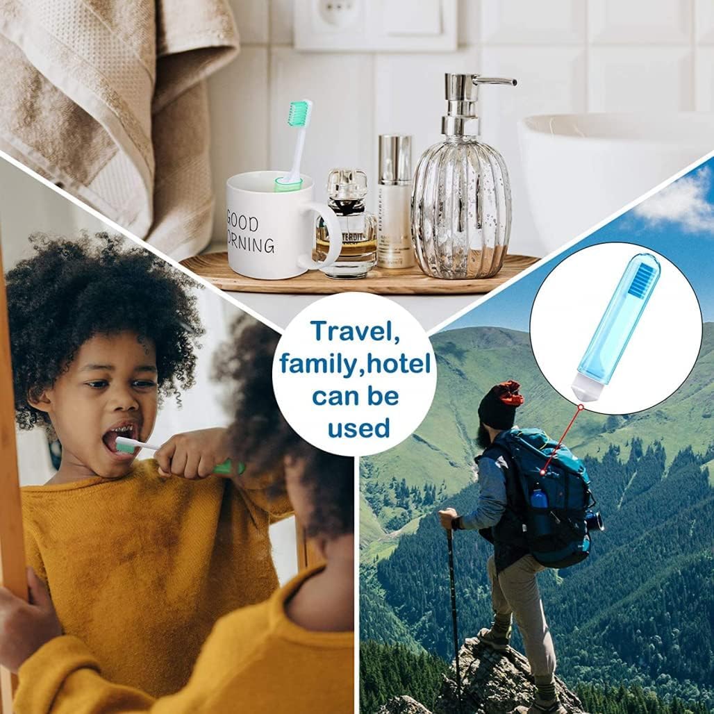 Goodern travel toothbrush kit with case shown in bathroom cup child brushing and compact blue travel holder