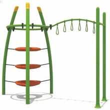 Playground climbing frame with green monkey bar and orange disc climber steps