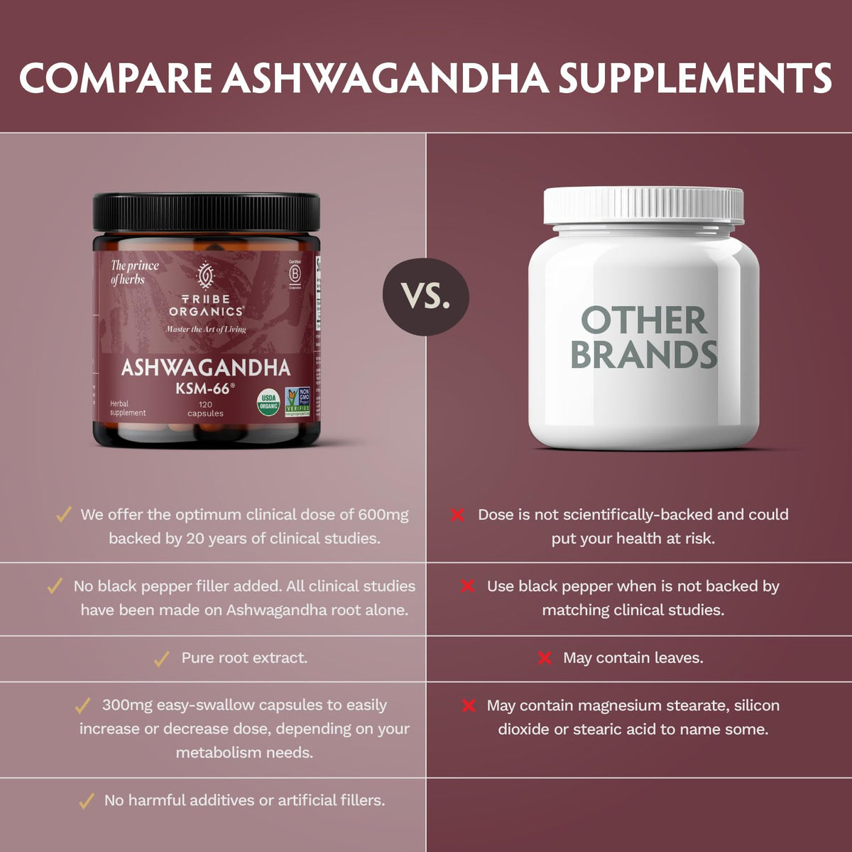 TRIBE ORGANICS Ashwagandha KSM-66 jar beside generic white bottle comparing benefits Ashwagandha KSM-66 capsules UAE