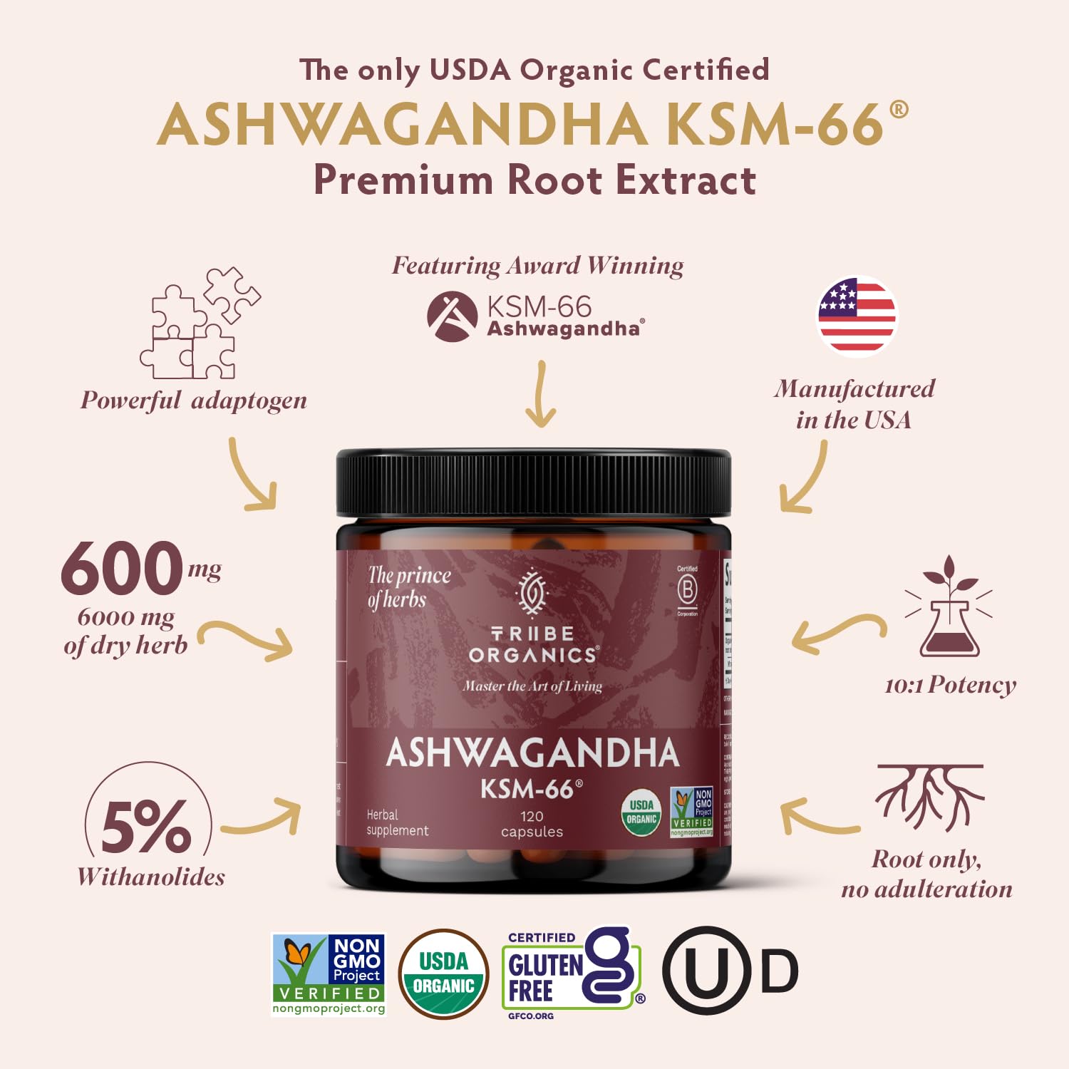 TRIBE ORGANICS jar of Ashwagandha KSM-66 capsules UAE 600 mg premium root extract USDA organic