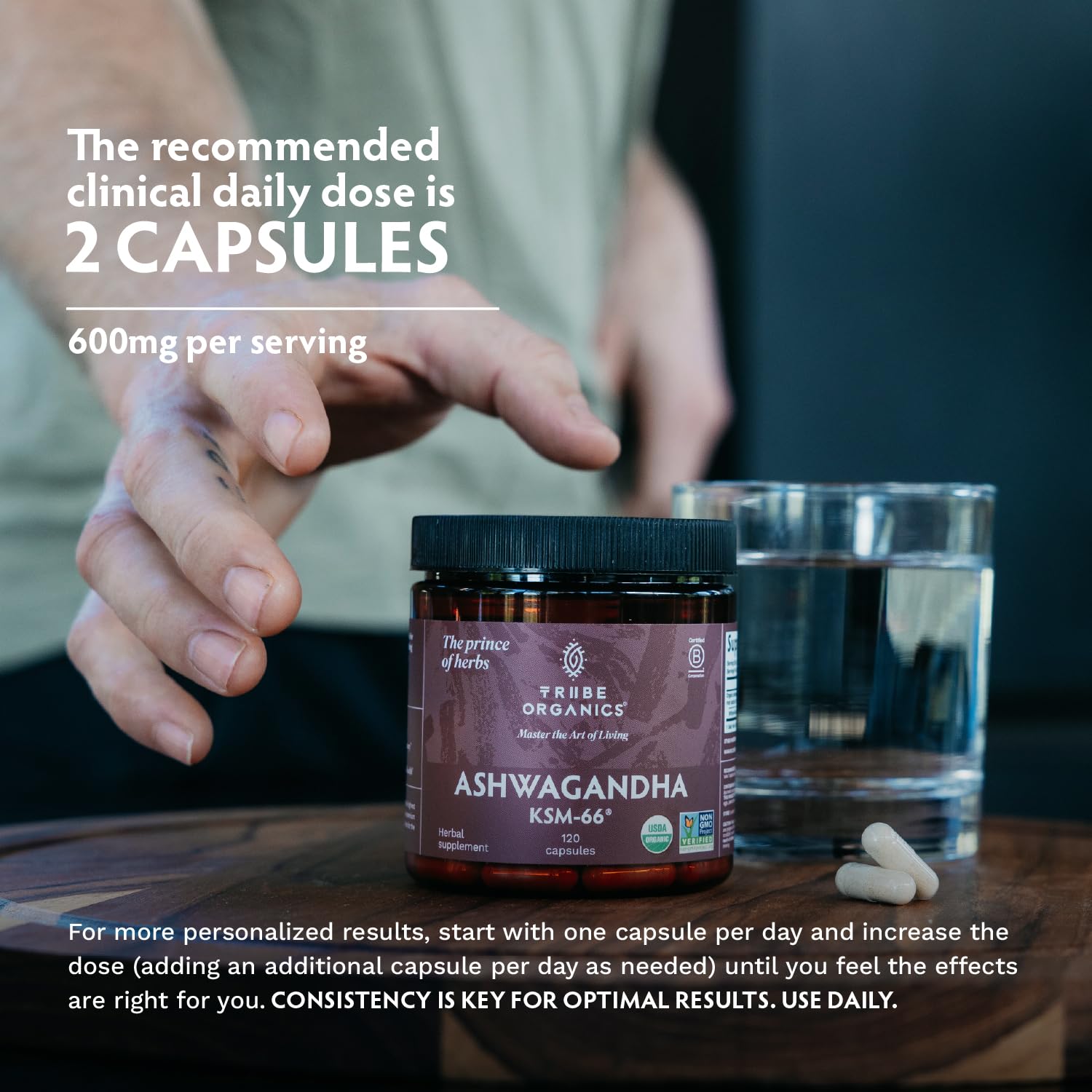 TRIBE ORGANICS Ashwagandha KSM-66 capsules UAE jar on wooden table with two capsules a glass of water and hand reaching