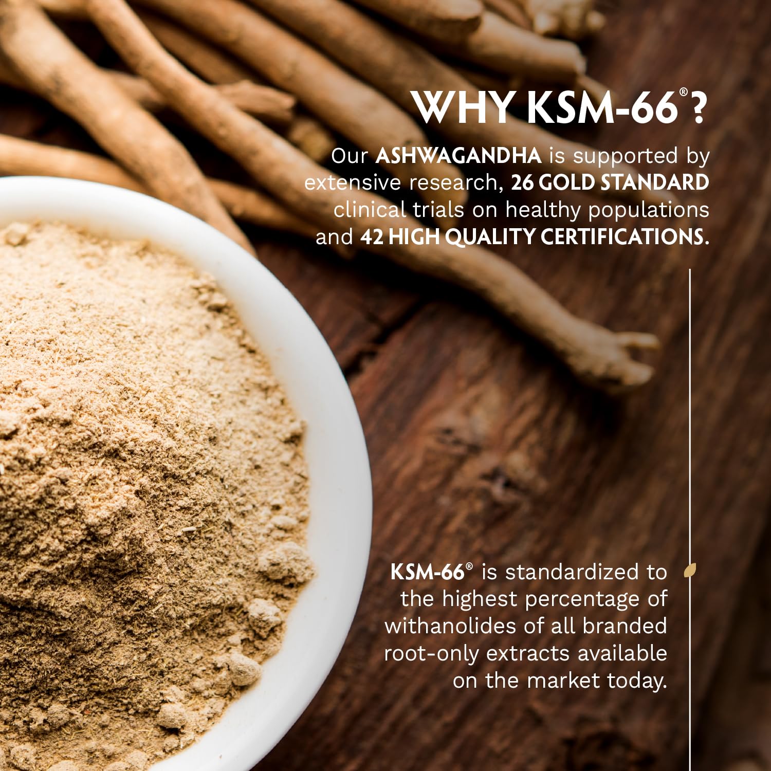 TRIBE ORGANICS ashwagandha powder bowl and root sticks with product info text Ashwagandha KSM-66 capsules UAE