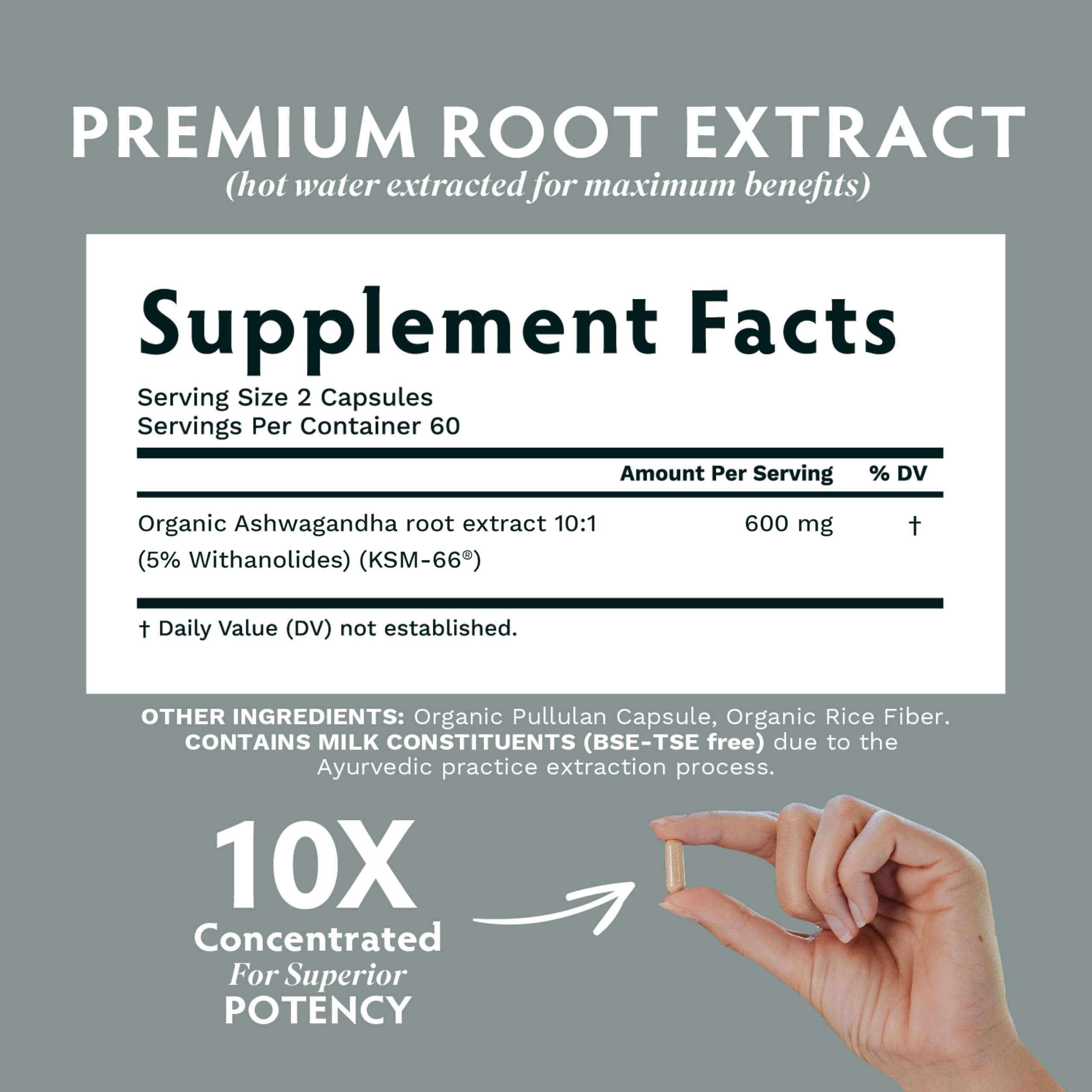 TRIBE ORGANICS supplement facts label showing 600 mg Ashwagandha root and hand holding capsule Ashwagandha KSM-66 capsules UAE